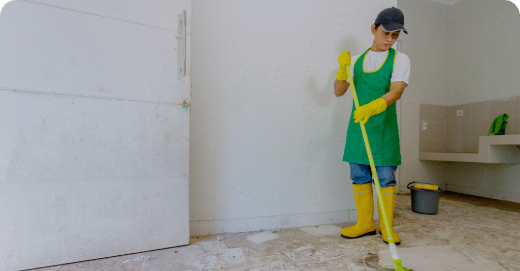 Cleaner performing post-construction cleaning at a renovation site in Darwin