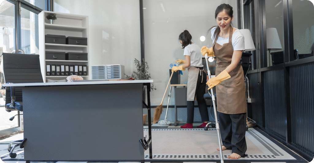 Office cleaner mopping a corporate workspace in Darwin
