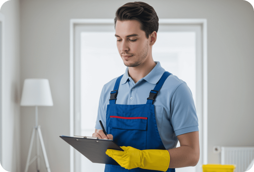Professional cleaner inspecting workspace during initial cleaning assessment