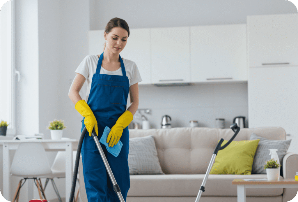 Professional cleaner mopping living room during scheduled cleaning service