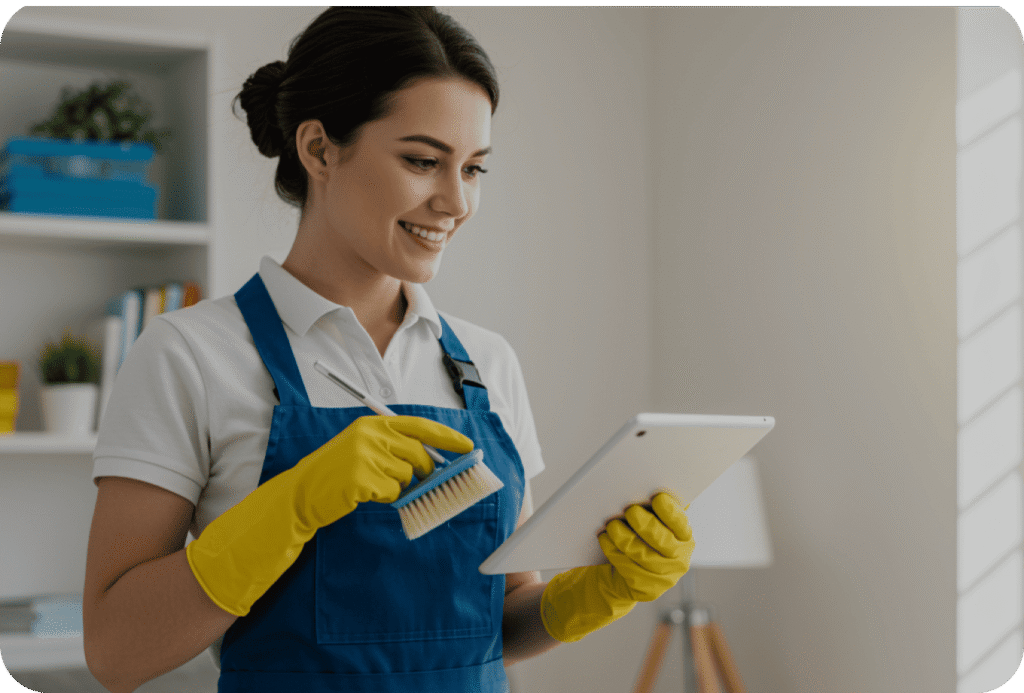 Cleaning supervisor inspecting results and noting feedback on tablet